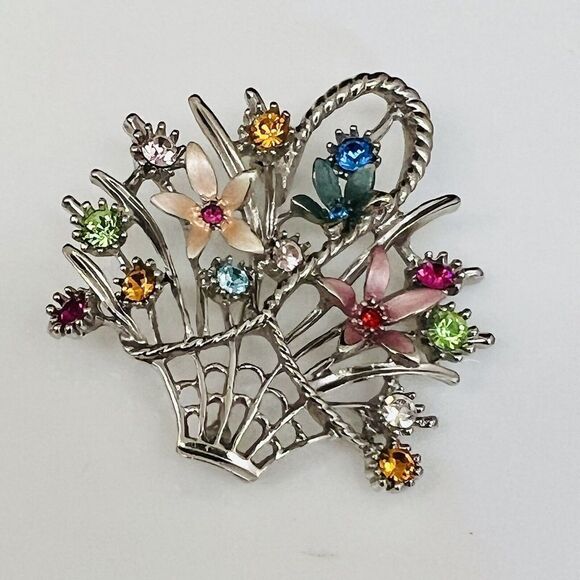 Vintage Rhinestone Enamel Flower Basket Brooch Floral Silver Spring Summer 1491 - Picture 2 of 10
